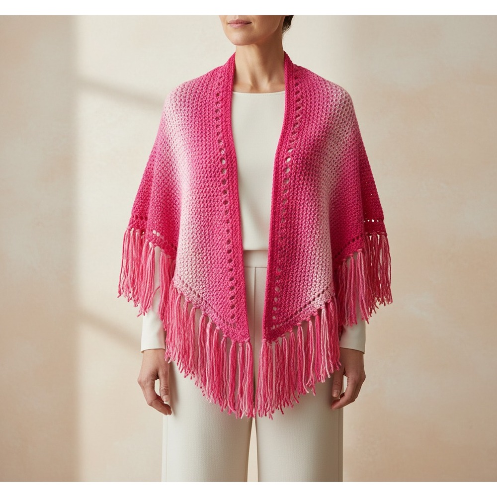 NEW Pink Ombre Hand Knitted Shawl Wrap Scarf Boho Fringe Cottage Coquette Fairy